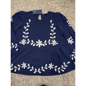 NWT Crown & Ivy Navy Blue Knit Tunic Blouse White Embroidery 3/4 Sleeve Size M
